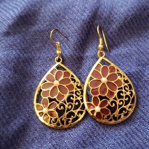 Floral Teardrop Enamal  Dangle Earrings Goldtone